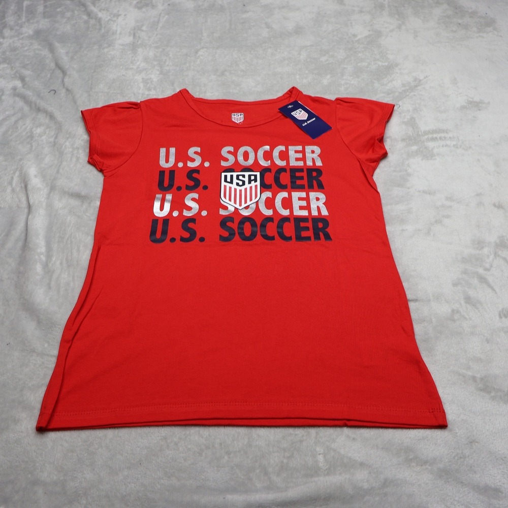 US Soccer Shirt Girls Large 10/12 Red Graphic Print Cap Sleeve Tee USSF $15 NEW